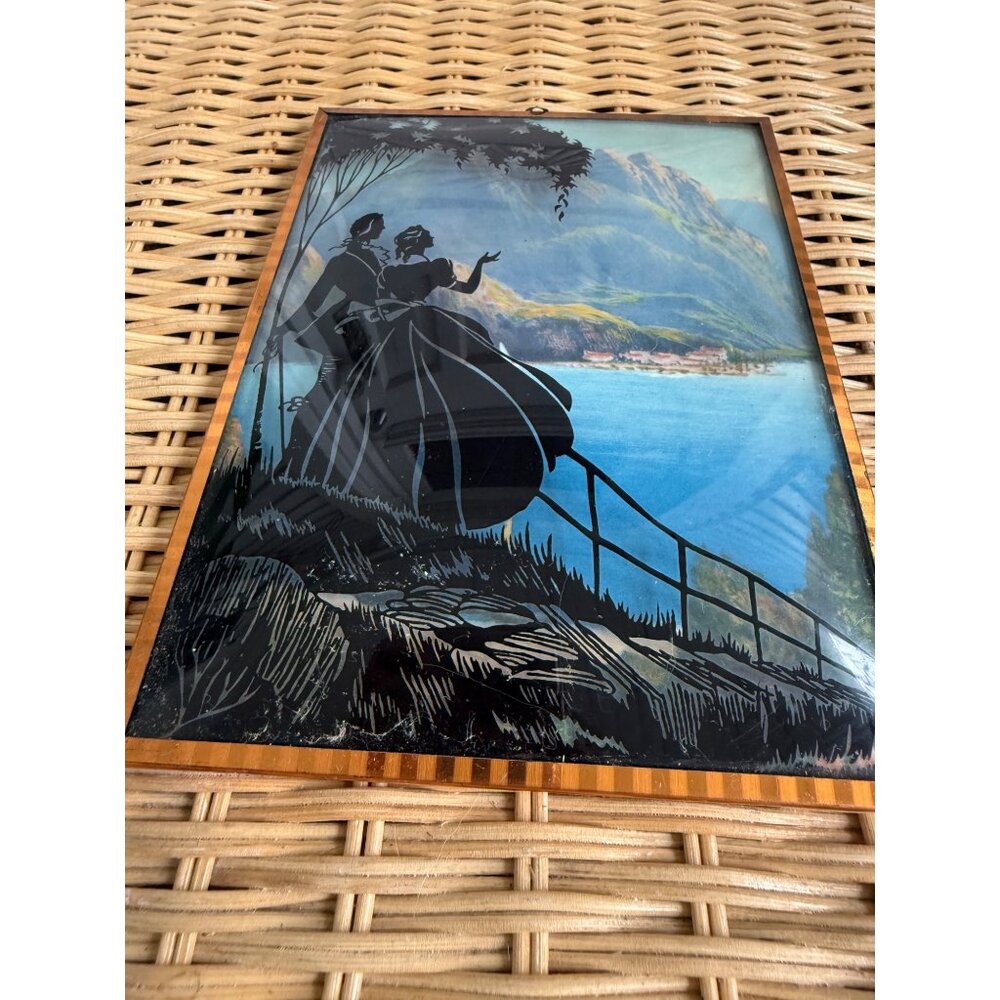 Vintage 40's Reverse Painted Silhouette Victorian Couple Mountain scene Picture - Picture 2 of 9